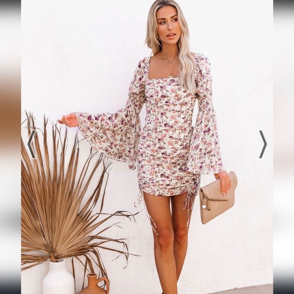 Vici Cream Mini Dress with Pink Floral Print and Flared Bell Sleeves